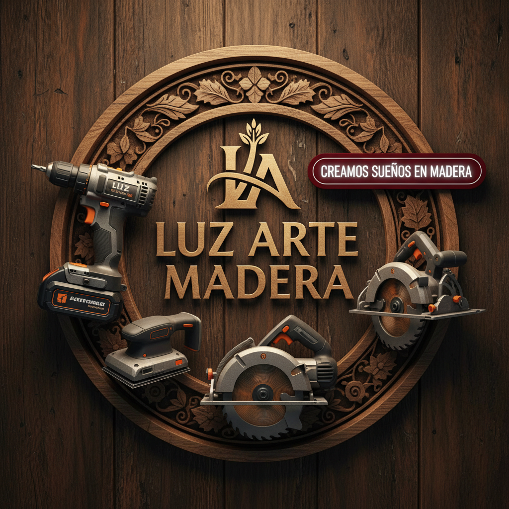 Logo Luz Arte Madera con fondo de madera llamativo